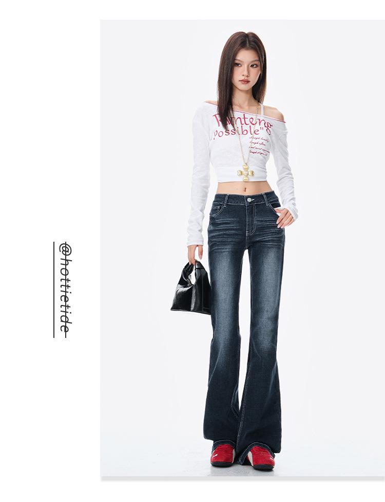Blue-Gray Low-Waisted Slim Fit Flared Jeans for Women - Autumn Design
