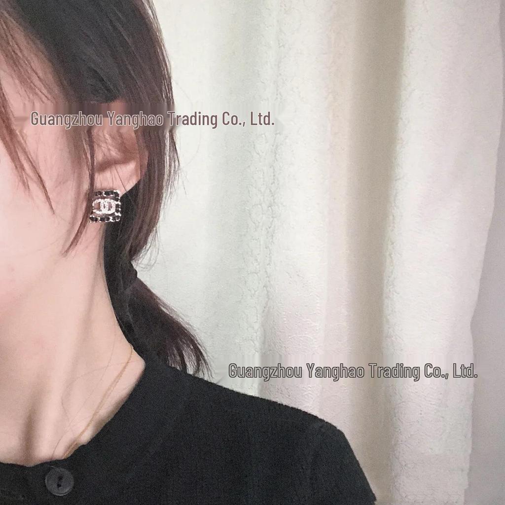 Seiko Coco Style Women's Square Black Leather Stud Earrings with Full Diamond Double C Design
