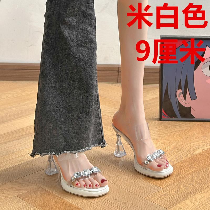 French Rhinestone One-word Slippers for Women's Summer Wear 2025 New Transparent Crystal and Foreign Sexy High-heeled Sandals