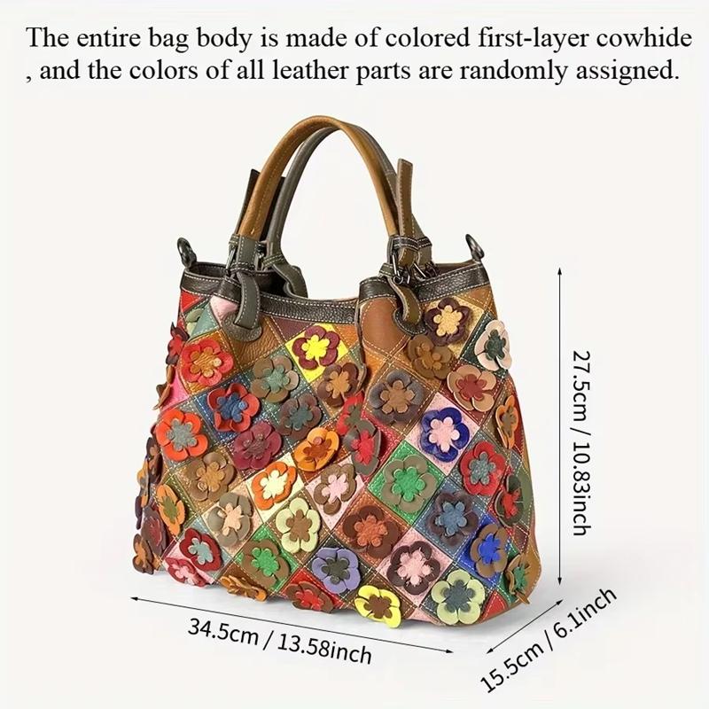 Genuine Leather Handmade Splicing Flower Women'S Crossbody Bag Random Color Scheme Cowhide Shell Bag Contrast Color Handbag