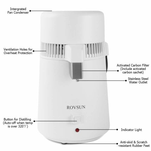 ROVSUN Upgraded 1.1 Gallon/4L Water Distiller with Flame-Retardant, BPA-Free Container & Stainless Steel Interior, Countertop Distiller for Home Use,
