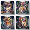 -4pcs Set, Printed Pillowcase. Patterns Include Wolf, Leopard, Tiger, Lion, Plants and Flowers, Artistic, Animal Theme. Suitable