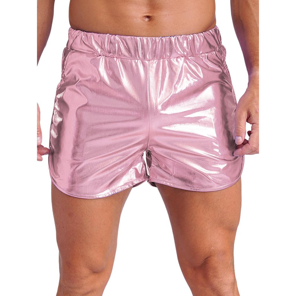 Men's Metallic Workout Shorts M-XL: Shiny Booty Shorts with Elastic Waist & Side Pockets for Bodybuilding, Gym & Yoga