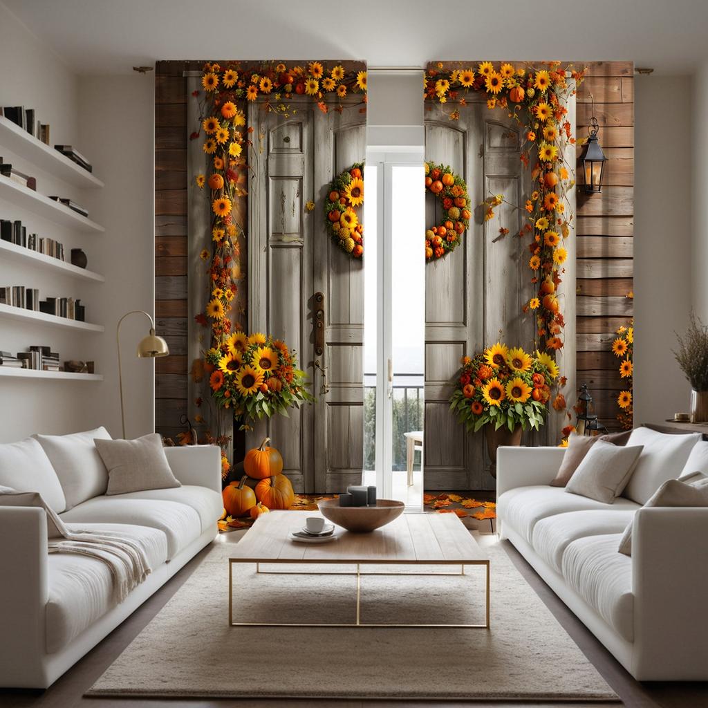 2pcs HD Harvest Festival Sunflower Garland Wooden Door Pumpkin Curtain Yellow Tie Digital Printed Curtain Home Decor Style De