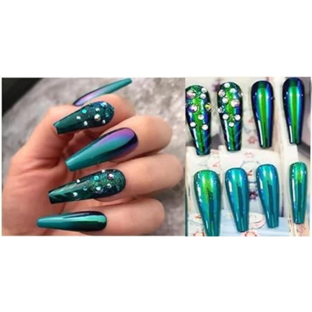 24pc Set Of Extra Long French Artificial Nails With Stone With Free Application KIt (Green Multi)