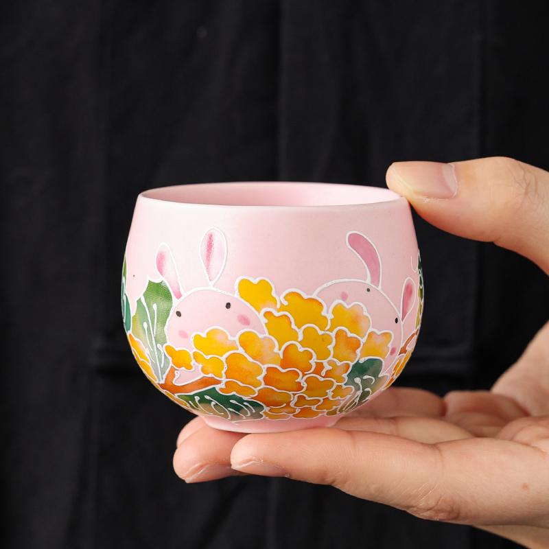 2pcs 80ml Pink Ru Yao Cute Rabbit Chinese Tea Cup Ru Kiln Ceramic Opening Beautiful Teacup Flowers Teaware Tea Tasting Cup