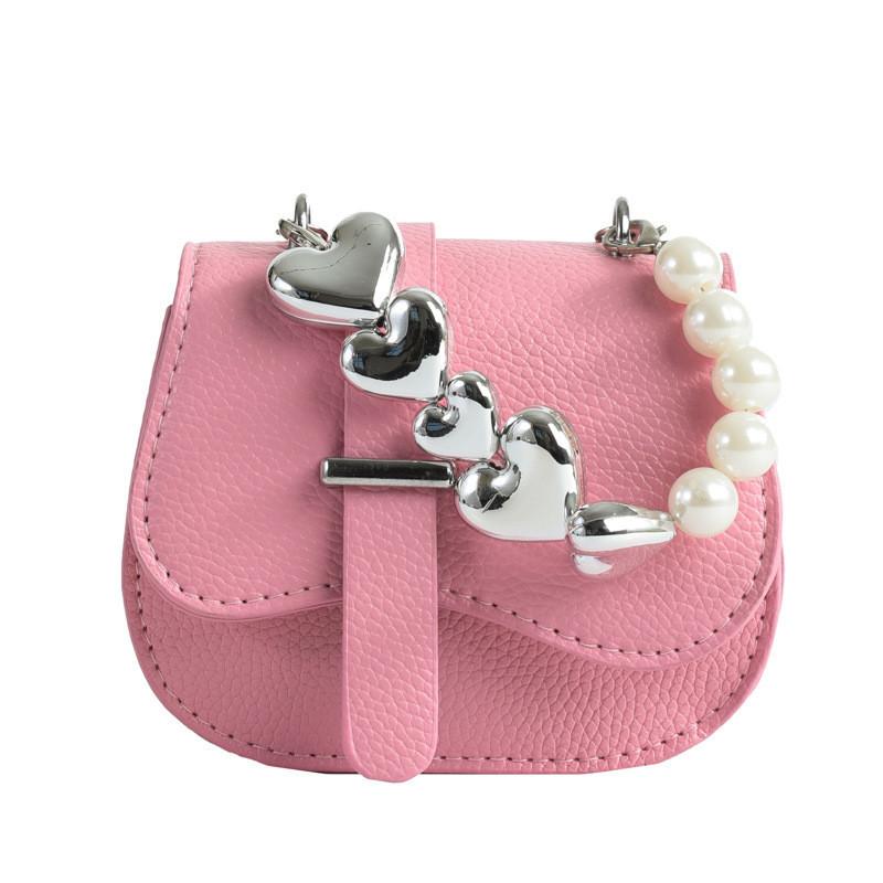 Trendy Mini Handbag 2024 Spring Pu Material Street Fashion Chain Shoulder Crossbody Bag Beaded Heart Stitching Line