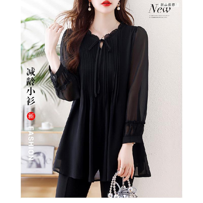2026 Spring and Autumn New Large Size Tummy-Covering Slimming Top with Stylish Design, Chiffon Long-Sleeve Women's Top