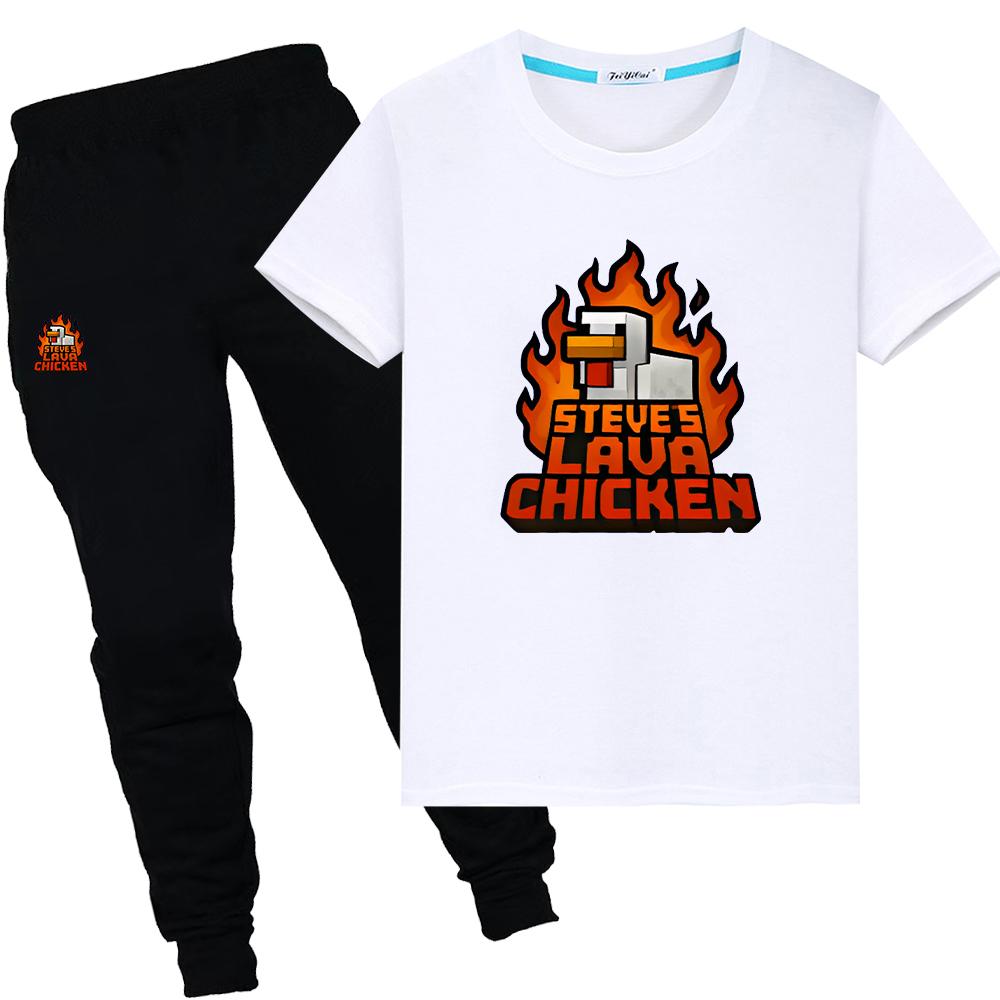 

куриный жокей Принт 100%Хлопок Аниме Футболка 2шт Шорты+брюки мальчики девочки Спортивные костюмы Детская Мультяшная одежда детский праздничный подарок 100 белый