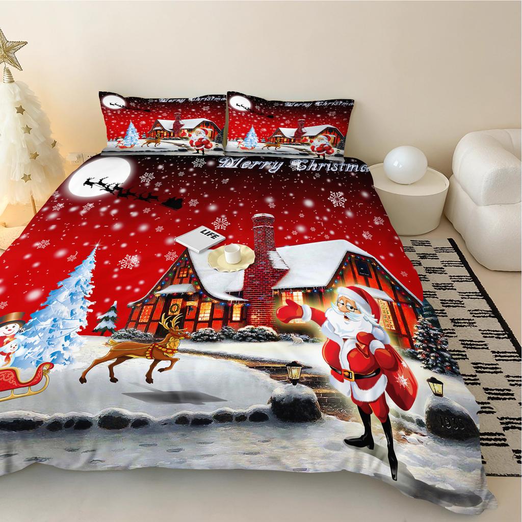 Santa Claus Elk Duvet Cover Bedding Set Full Queen For Boys Girls Gifts Bedroom Microfiber Comforter Cover With Pillowcases