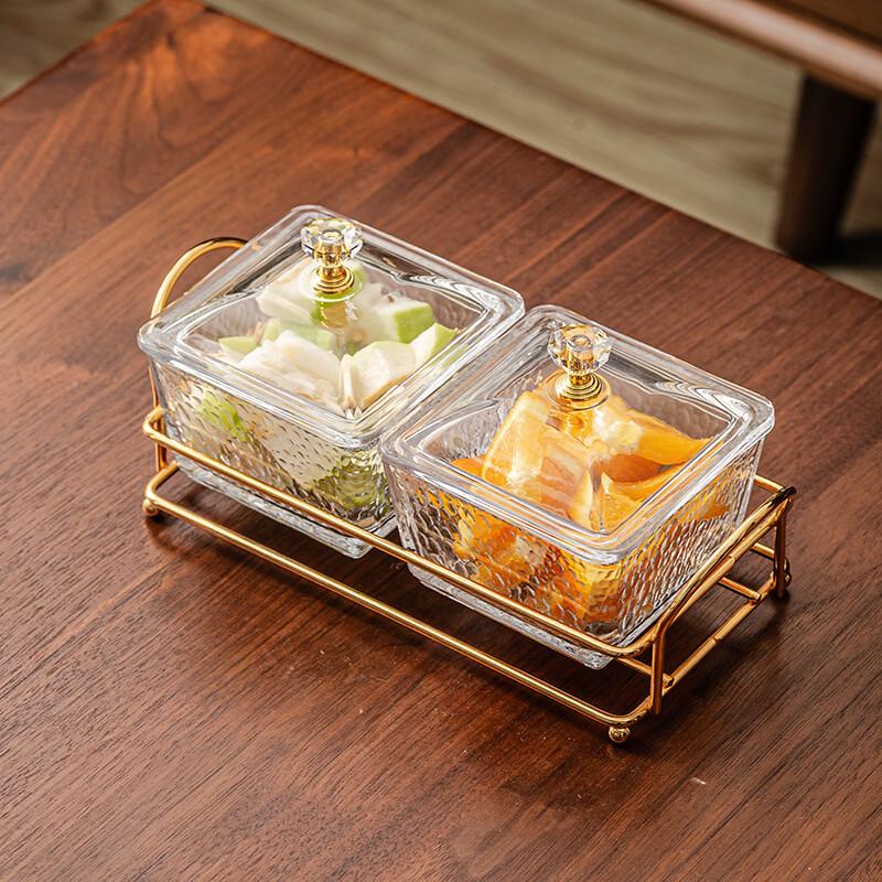 Hammered Glass Divided Serving Tray with Gold Stand and Lid