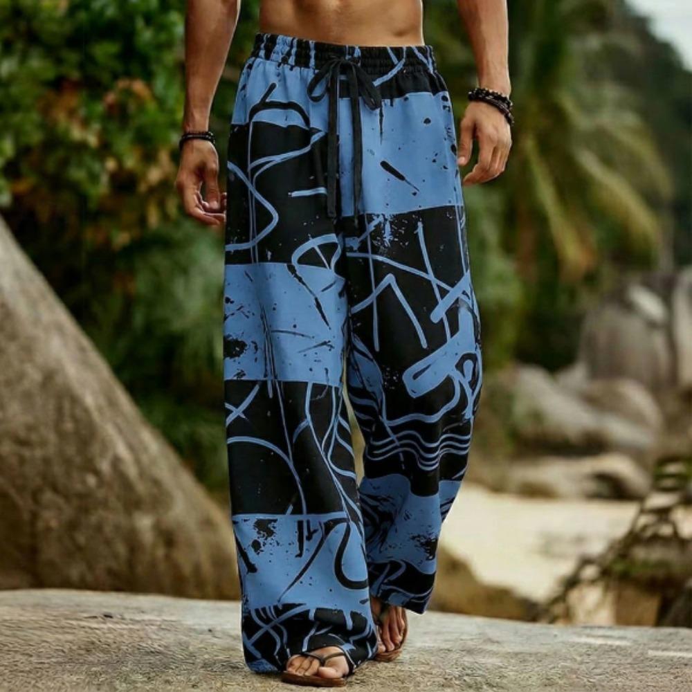 Men's 3D Geometric Pattern Printed Baggy Casual Trousers,  Elastic Drawstring Waist with Pockets, for Spring Summer Home Outdoor Vacation
