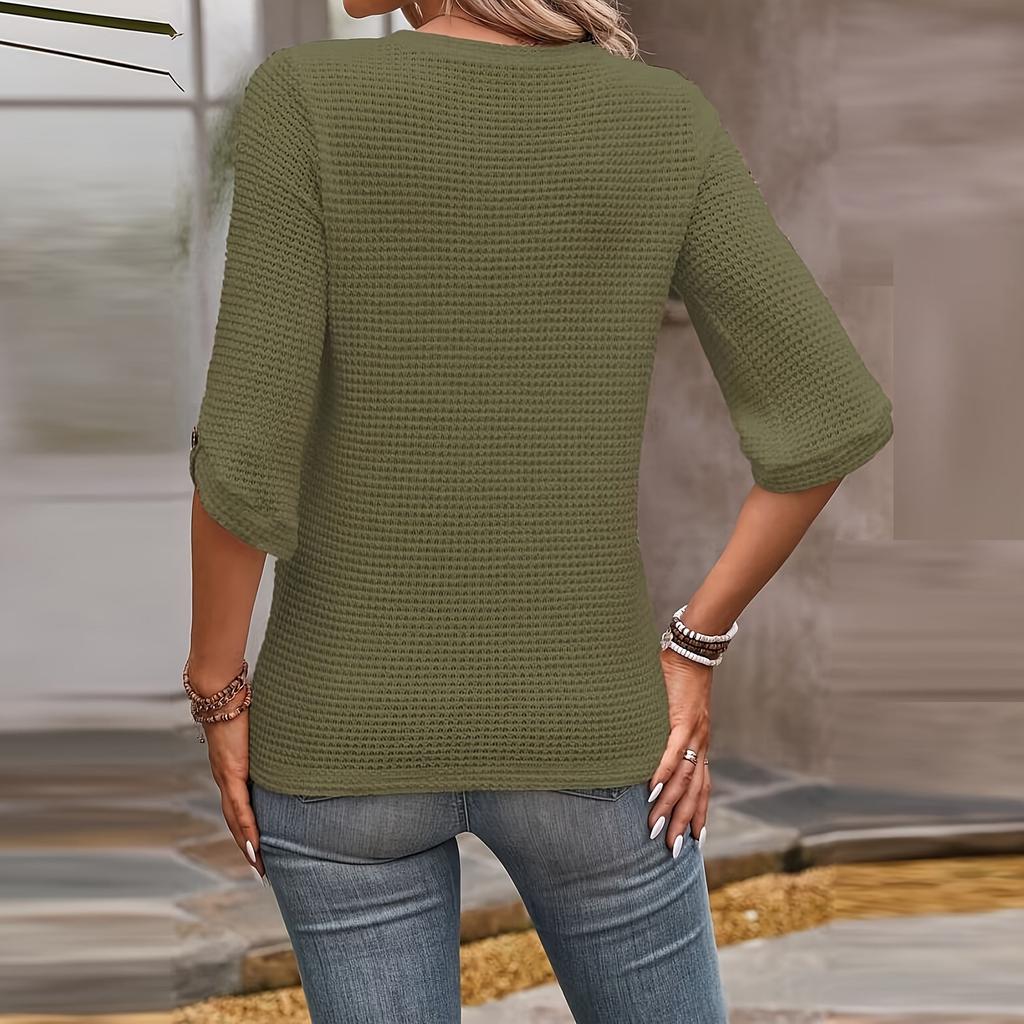 Damen Mode 7/10 Ärmel Strick Rundhals Farbe Lässiges Oberteil