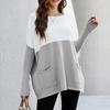 Women’s Causal Loose Pockets Sweater Color Block Knit Pullover Off Shoulder Tops