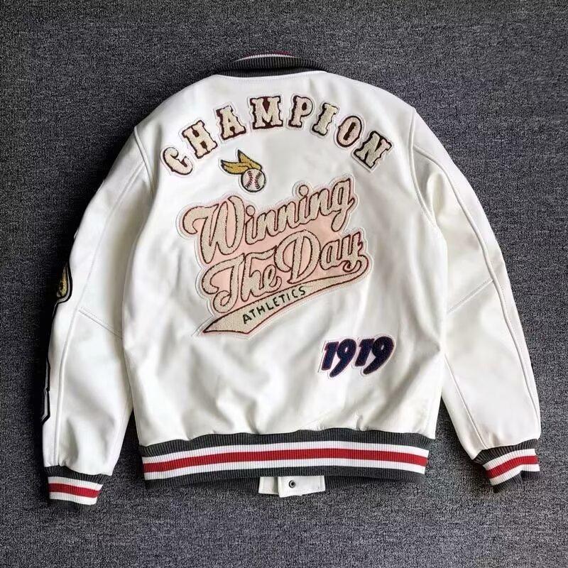 Unisex Multi-Logo Embroidered Leather Baseball Jacket - Autumn/Winter Loose Fit Single-Breasted Outerwear