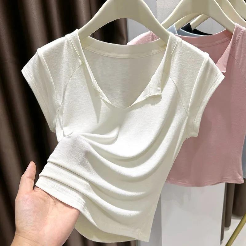Women Summer Light Blue V Neck Raglan Short Sleeve Ruched Cropped Casual T Shirt