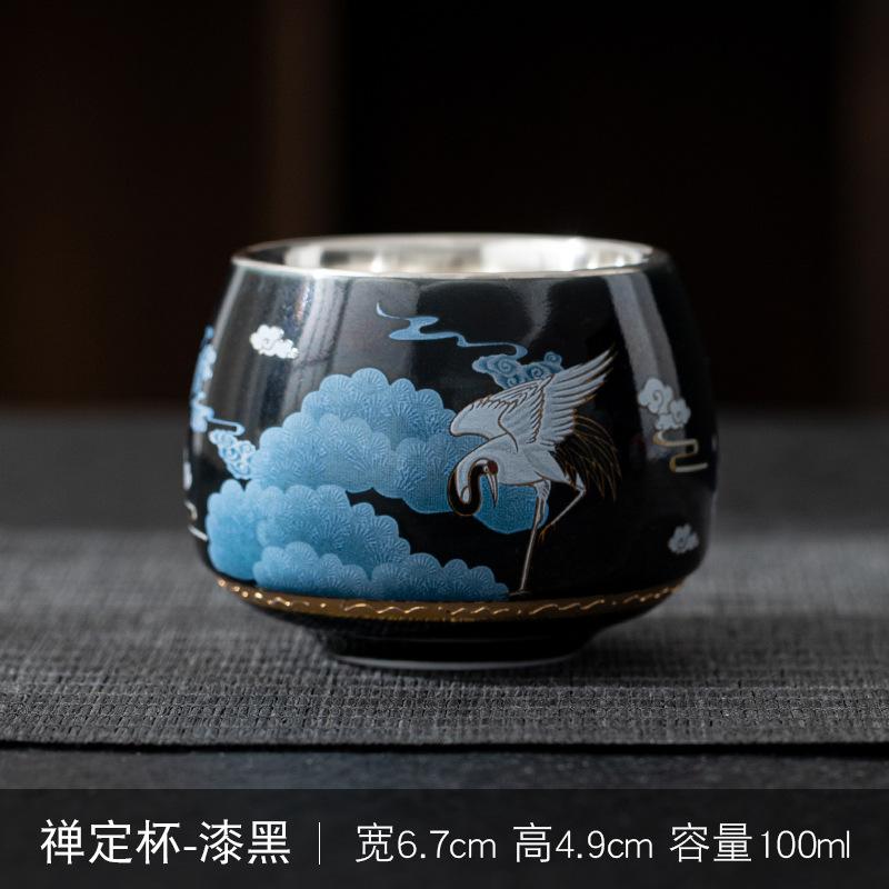 Enamel Crane 999 Pure Silver Inner Liner Tasting Kung Fu Tea Cup Gift Box Set Can Be Gold Stamped with LOGO