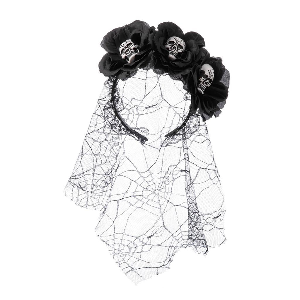 Delicate Flower&Skull Hairband Thin Side Hairband Flower Shape Headband for Girls Hairband with Veil Decor
