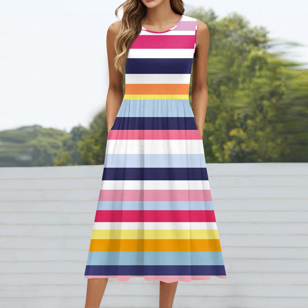 Women's Summer V Neck Casual Beach Dresses Pods Short Sleeve Striped Geometric Printed Dresses
