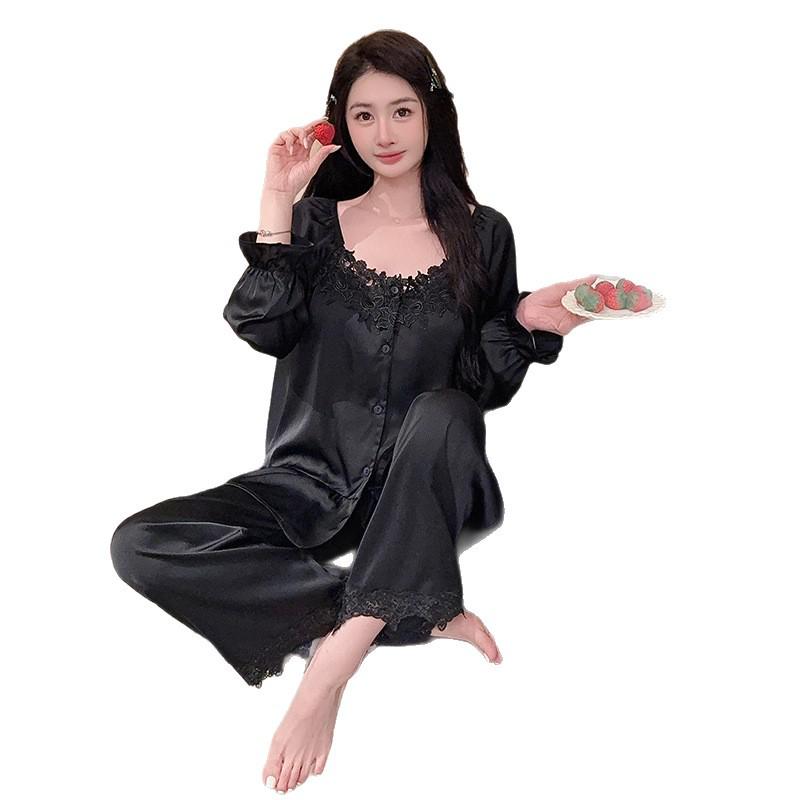 Women's Ice Silk Pajama Set with Lace - Spring & Autumn, Long Sleeve Top & Pants, Versatile for Home or Out