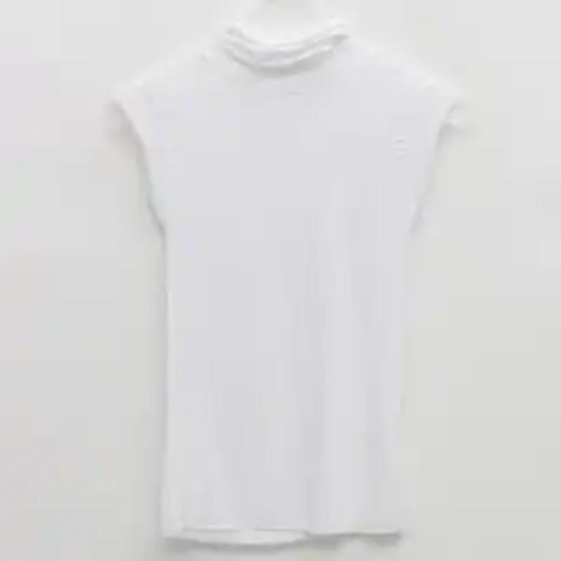 Women's Elegant Light Blue Ribbed Sleeveless Turtleneck Blouse