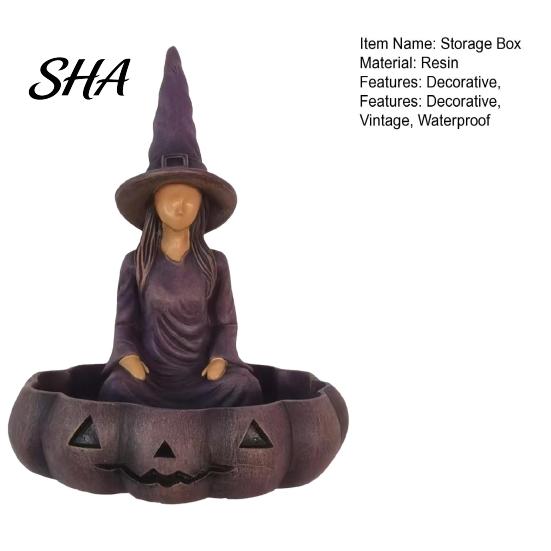 Halloween Party Table Centerpiece Faceless Witch Storage Tray, Resin Pumpkin Candy Bowl, Figurine Detailed Sculpture Desktop Organizer for Candies