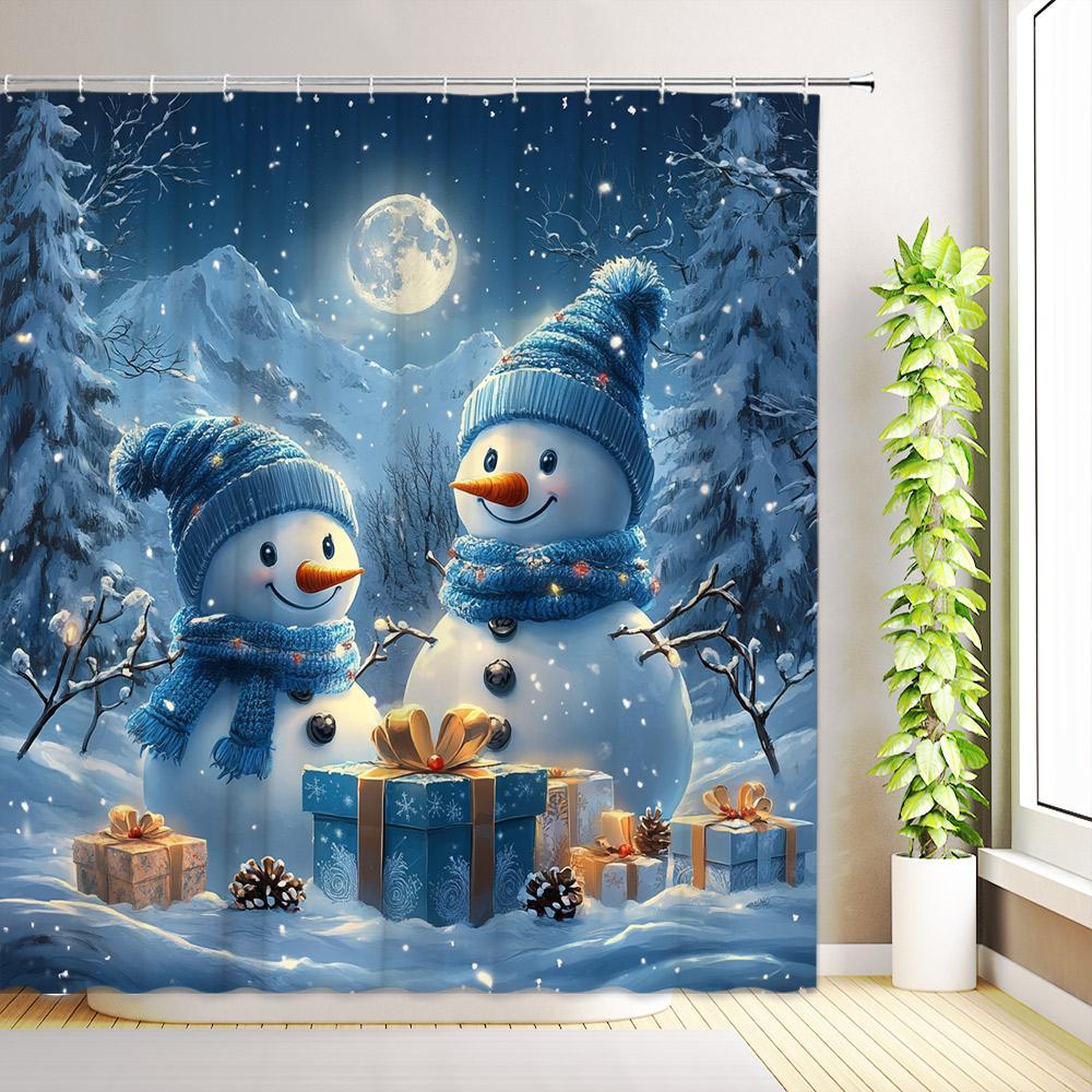 Christmas Snowman Shower Curtain Trees Gift Boxes Snowflake Winter Forest Snow Scenery Cedar Xmas Home Bathroom Decor With Hooks