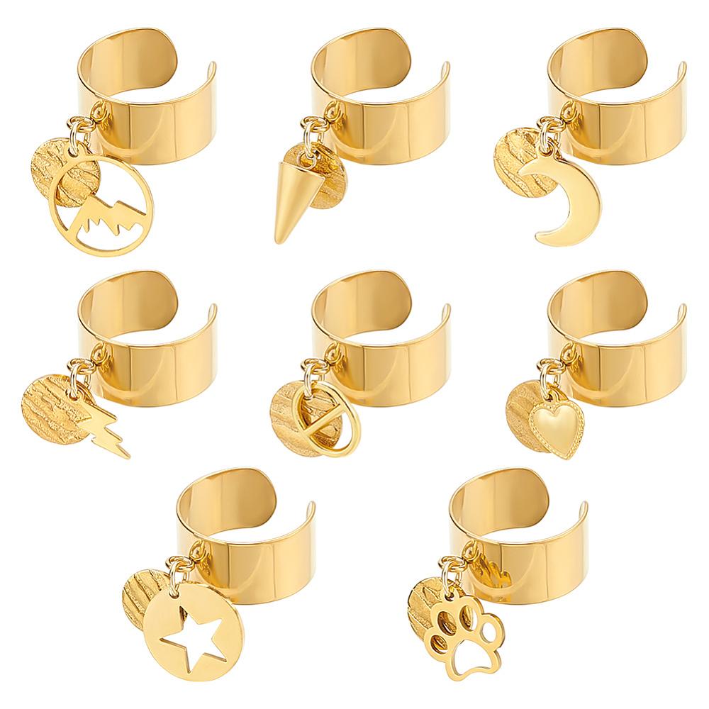 304 Stainless Steel Open Cuff Rings, with Stainless Steel Pendants, Mixed Shapes, 30~38mm, 8pcs/set