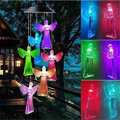 Lindo Sino de Vento Anjo Solar Pendurado Sino de Vento Colorido LED Decorativo ABS Garrafa de Desejos Luz Decoração Externa