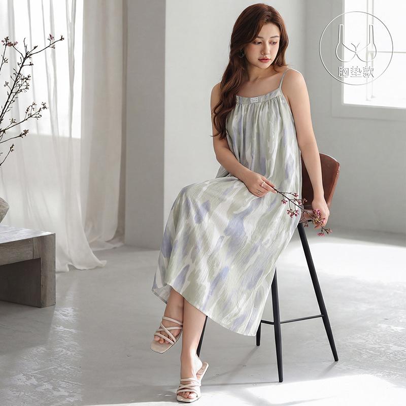 Cloud Cotton Suspender Nightdress Women's Summer Pajamas Summer Cardigan Long Style Can Be Worn Outside Seaside Vacation Sweet Skirt