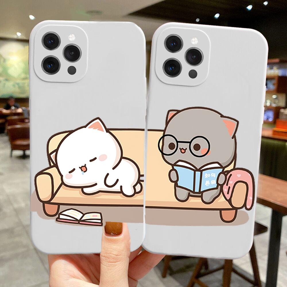 Cartoon Animal Cat Couple Paired Phone Case for IPhone 15 14 13 12 11 Pro Max Mini XS X XR SE2 7 8Plus Lovers Cover Matte Fundas