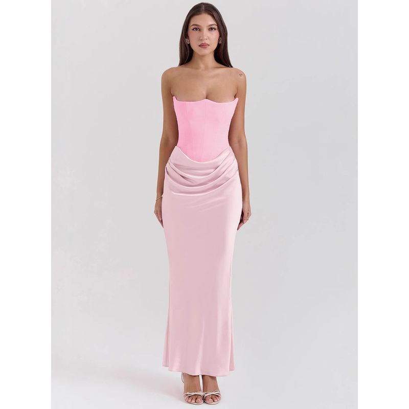 Strapless Sexy Pleated Solid Color Dress Tube Top Sexy Pleated Dress