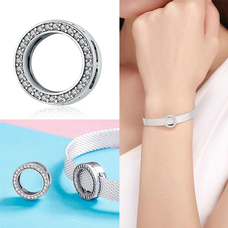 WOSTU 925 Silver Circle Charm Round CZ Bead Bead Clip Fit Reflection Charm Bracelet Jewelry Accessories CQX101