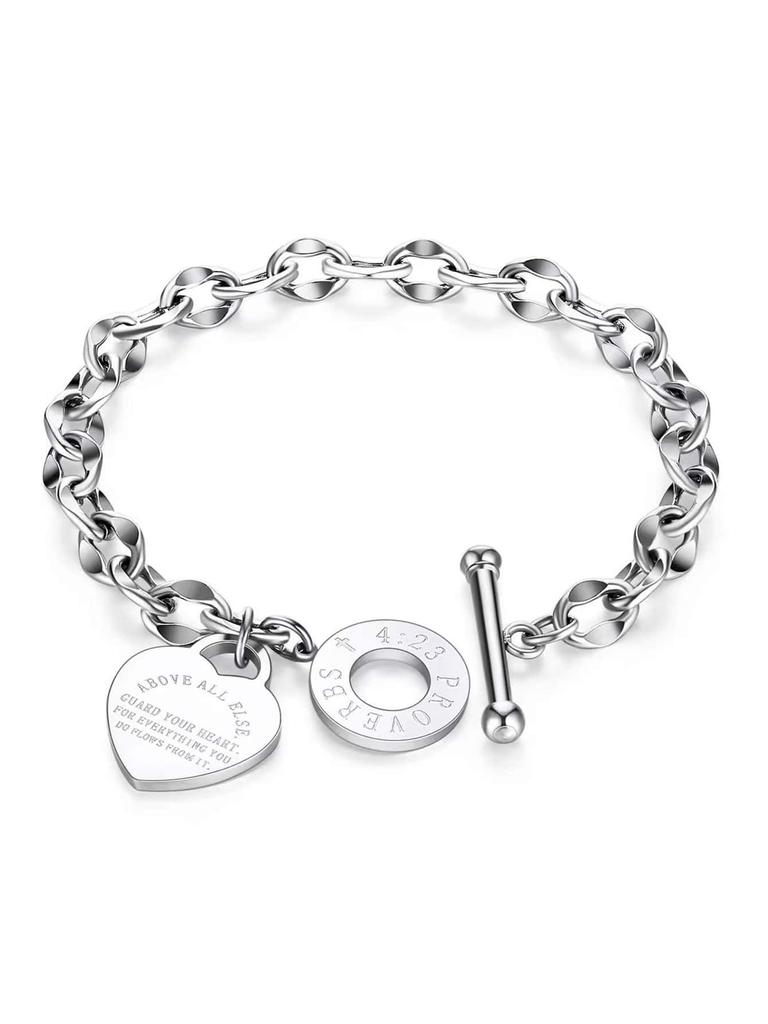 1pc Women's Stainless Steel Classic Heart Engraved Toggle Clasp Titanium Steel Chain Bracelet Valentines,Mom,Mother,Mother's Day,Gift