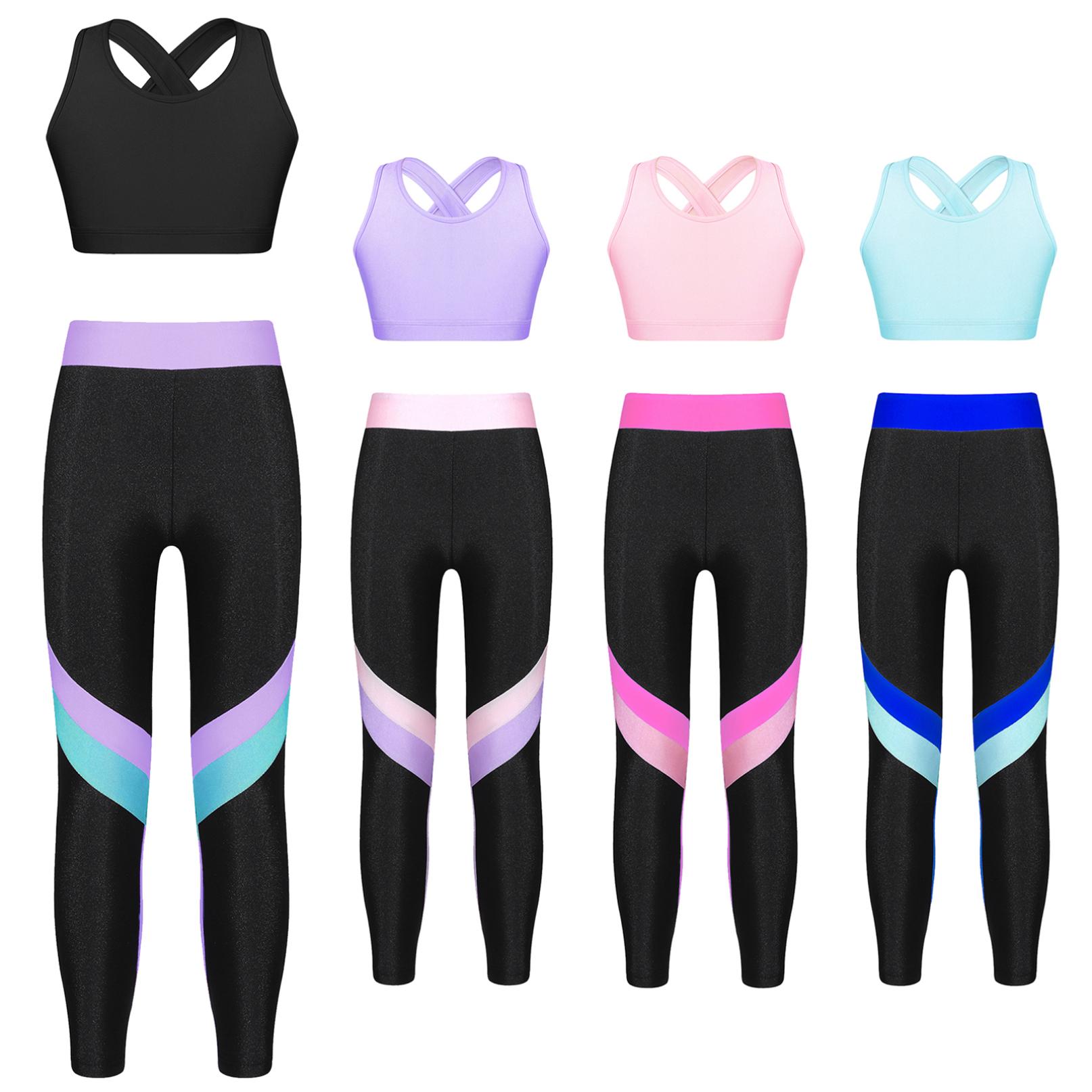 

Діти, дівчата, спортивні танцювальні костюми, балетні костюми, еластичний укорочений топ без рукавів зі спортивними легінсами для бігу, йоги, спортивний одяг 13-14 Years світло-синій колір