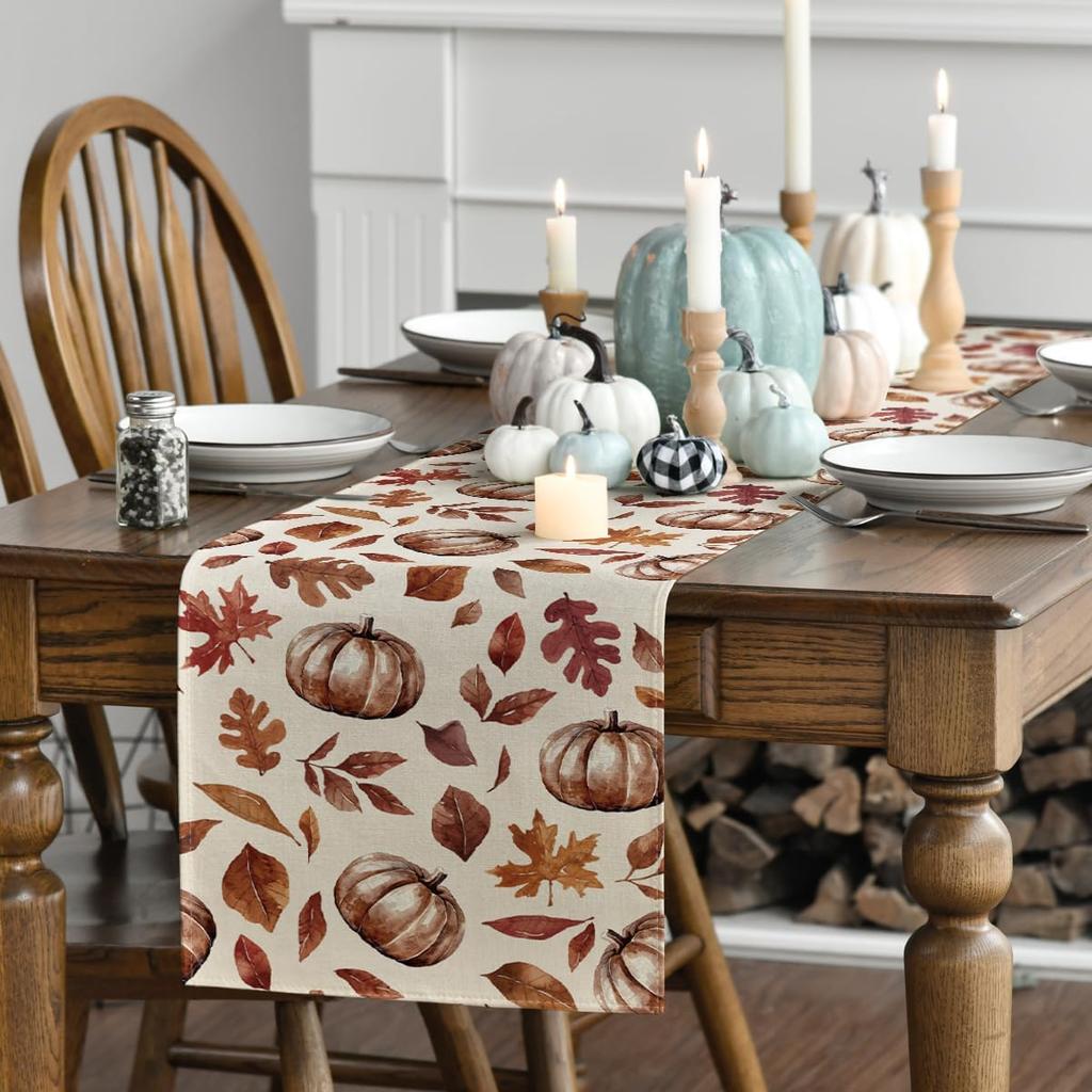 Artoid Mode Maple Leaves Pumpkin 210 GSM Fall Table Runner, Seasonal Harvest Autumn Kitchen Dining Table Decoration for Home Party Decor 13x60 Inch