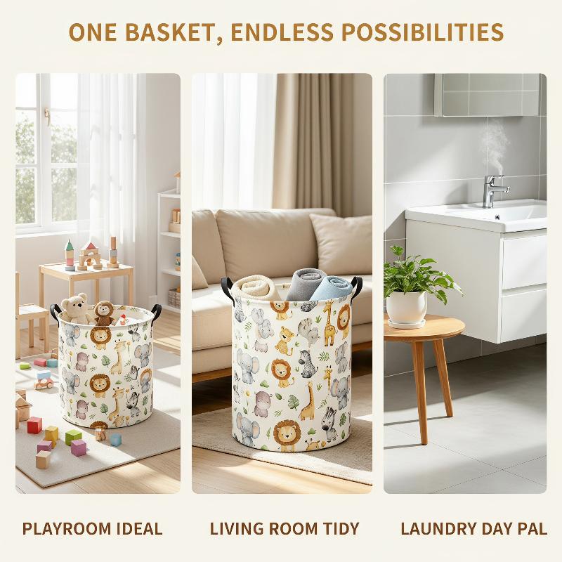 Cute Animal Pattern Laundry Hamper Foldable Waterproof Storage Basket Double Handle for Home Nursery Dirty Clothes Storage
