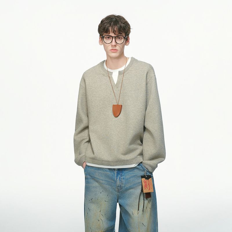 Dream Made Fake Two-Piece V-Neck Heavyweight Sweatshirt for Men, New Autumn and Winter Style, Fleece-Lined and Thickened, Men's Inner Layer Top