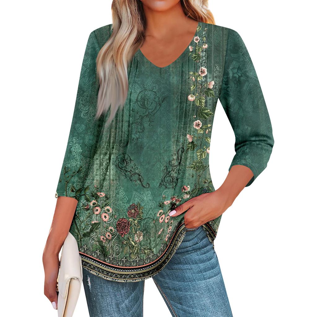 Damenmode Lässige 3/4-Ärmel-Oberteile Plissee-Modekleidung T-Shirt-Oberteile