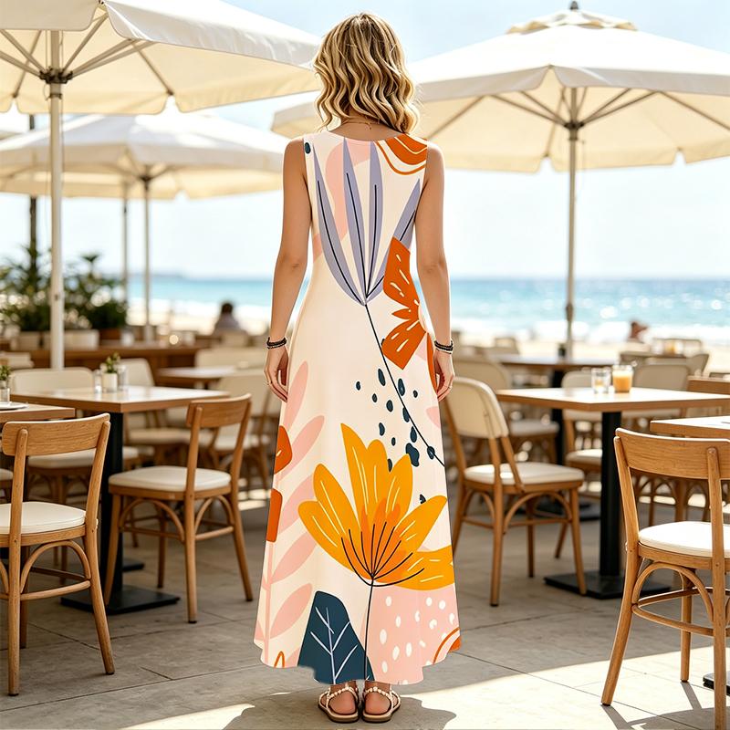 Floor Length Sleeveless Loose Fit Maxi Dress Lightweight Flowy,Perfect for Beach Vacation,Daily Casual Outings,Fashion Versatile