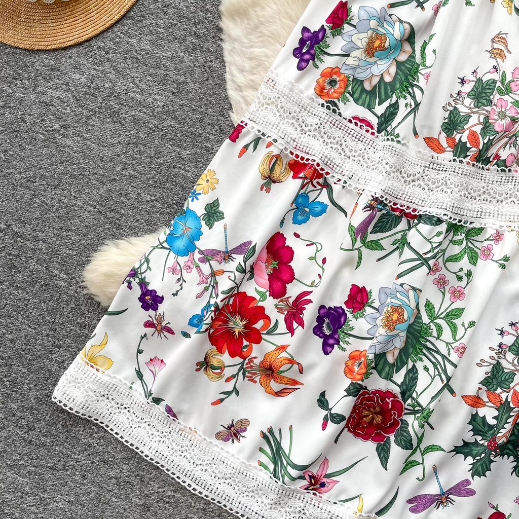 2026 New Floral Print Lace Patchwork Maxi Dress Women Elegant V Neck Long Sleeve White Casual Party Long Dresses Bohemian Robe