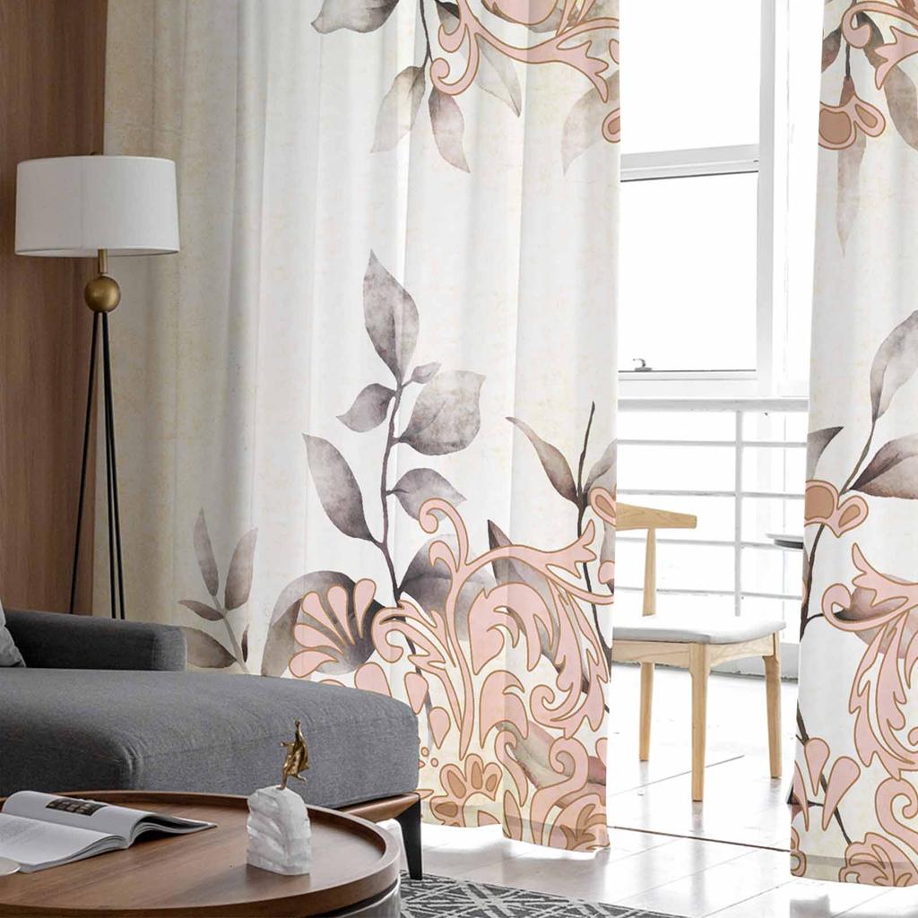 Cortinas de Tule com Folhas em Aquarela com Padrão Persa para Quarto Cortinas de Decoração de Casa de Luxo na Sala de Estar Painéis de Chiffon