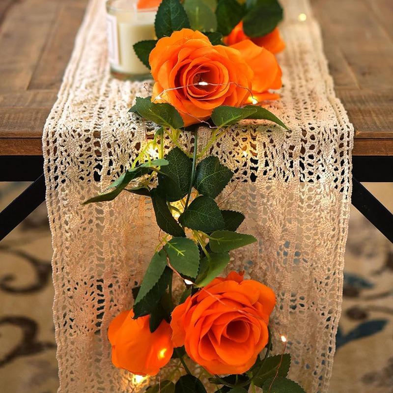 Konstsilkeväv, Orange Rosrankor, Halloween Konstgjorda Gröna Växter, Blomrankor, Hemmat Matbordsdekoration