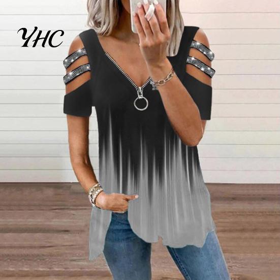 Top da Donna in Seta di Latte T-shirt Estiva Scollatura a V Maniche Corte con Traforo e Decorazioni di Strass Orlo Ampio Colore a Contrasto Degradé Taglia Grande