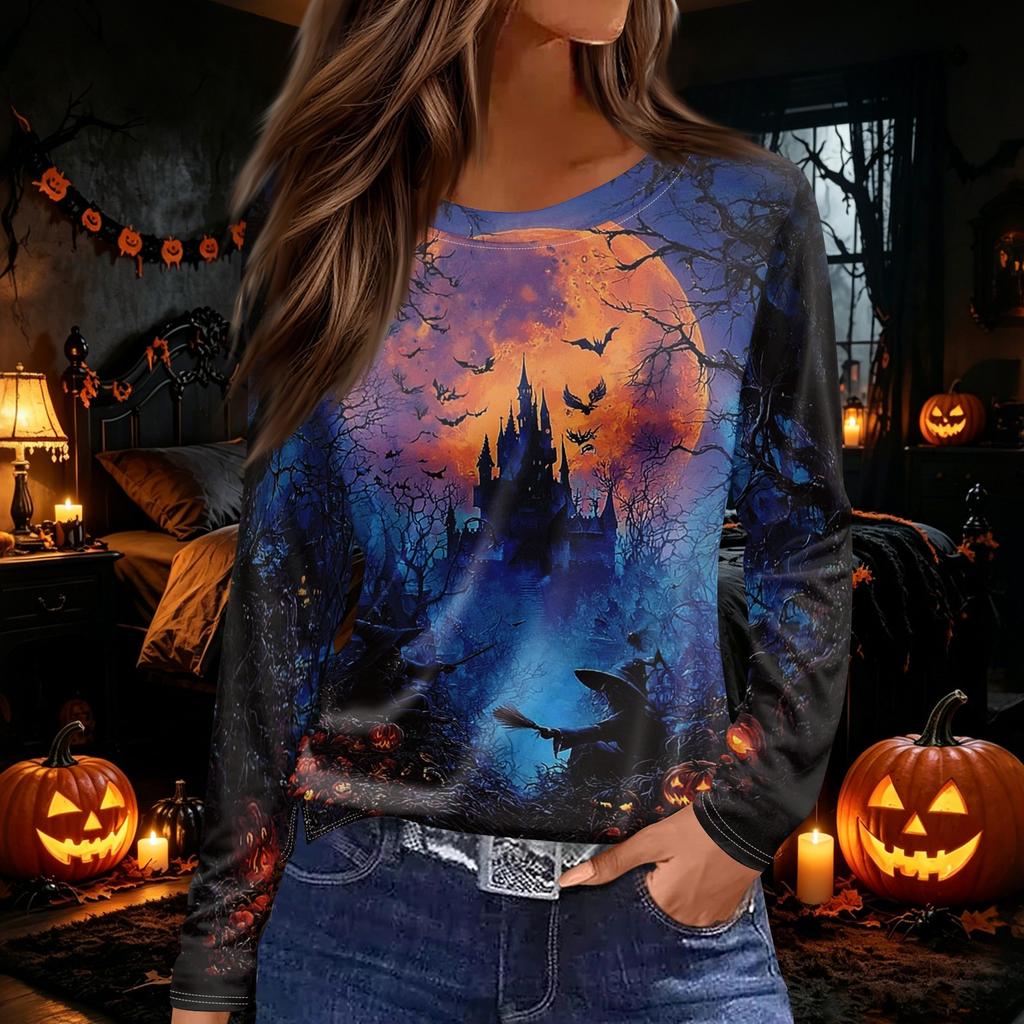 Women's Halloween Print Long Sleeve Top with Side Slit Round Neck for Casual Everyday Wear