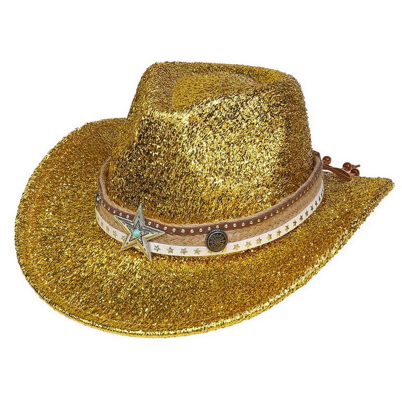 Glitzerndes Cowboyhut Unisex Westernstil Breiter Rand Fedora Hut für Party Festival Cosplay
