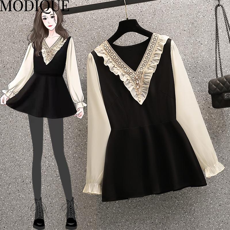 

MODIQUE 2023, осень, большие размеры, новые женские свободные повседневные рубашки с оборками, офисные женские хлопковые базовые уличные футболки на осень-зиму и весну, футболки с длинными рукавами