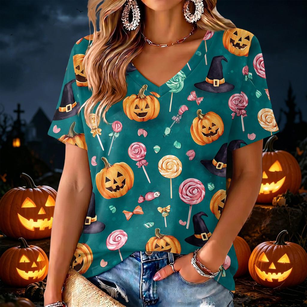 Women's V-Neck Lightweight Halloween Print Top for Spring and Summer
