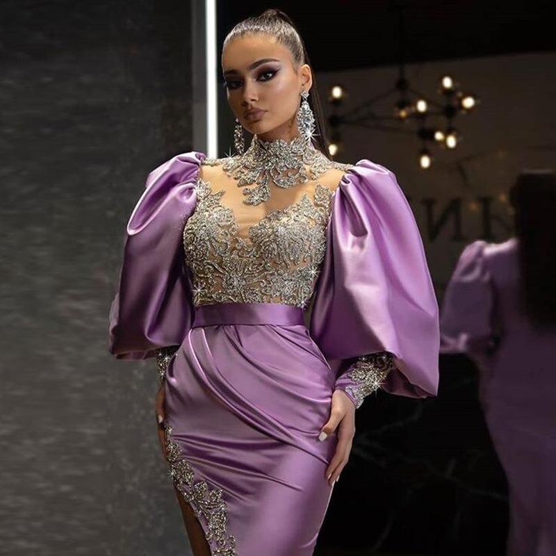 Neues Kleid Prinzessinnenärmel Hüftumschmiegen Langes Kleid Schleppe Goldener Temperament Abendkleid