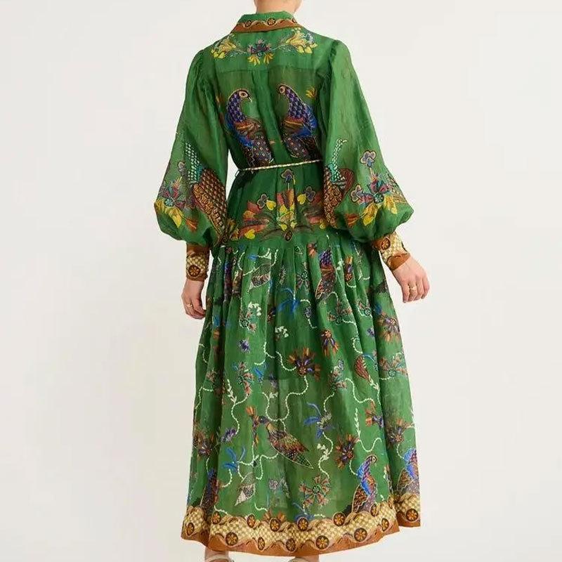 Retro Lantern Sleeve Lace-Up Printed Dress: European & American Women's Fashion